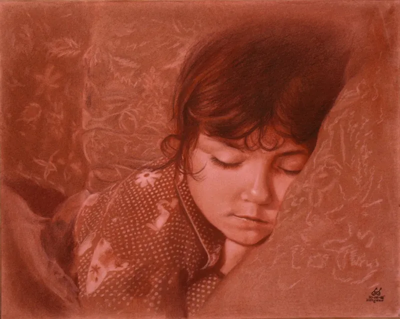 Niña dormida apoyada sobre sus brazos, en tonos sanguina.
