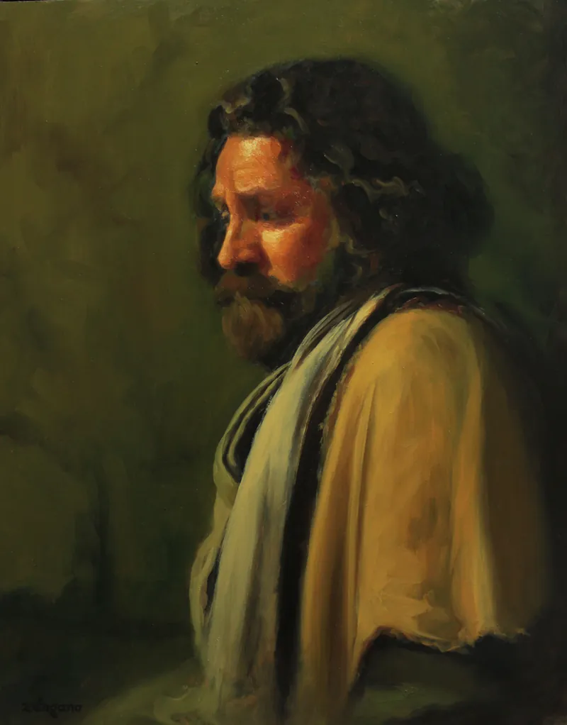 Retrato al óleo de un hombre de barba y cabello largo, de perfil, con un manto ocre.