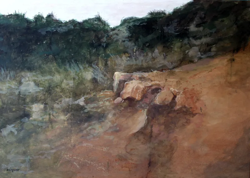 Paisaje de quebrada con rocas y vegetación, pintado de forma suelta.