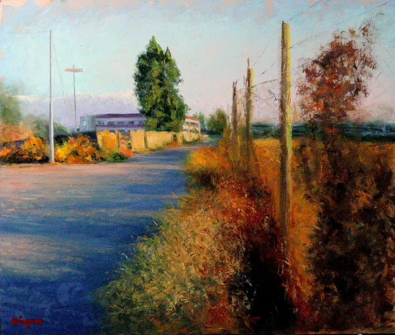Camino entre pastizales dorados y postes de luz, en una tarde de otoño.